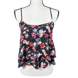 Hollister Women's S Black Floral Tank Top Loose Tiered Ruffle Y2K Spring Summer